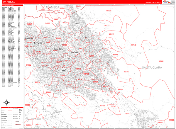 San Jose Zip Code Wall Map